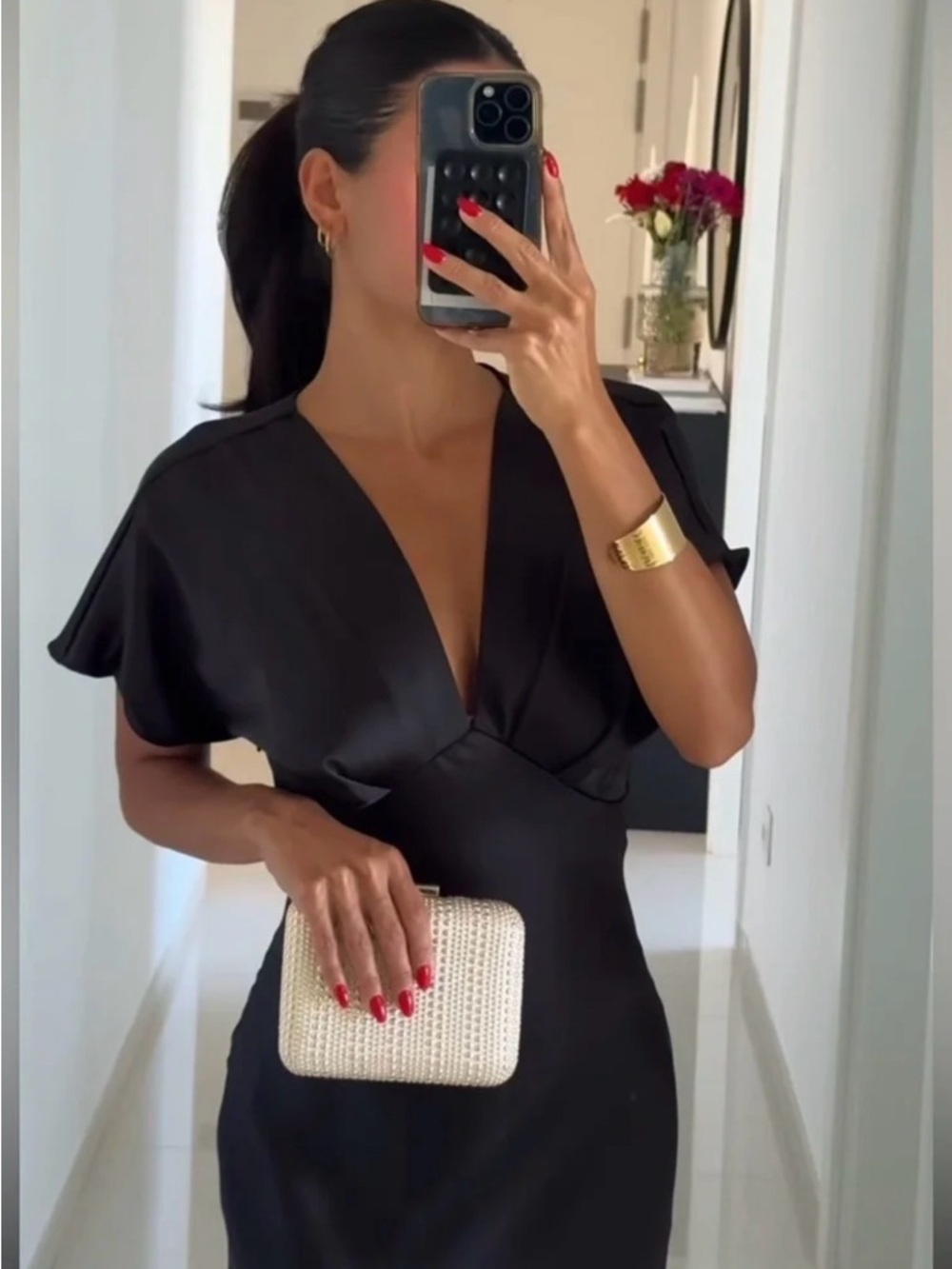 NEW Zara Black Satin Effect V-Neck Midi Slip Dress Size M Puff sleeves - Picture 3 of 13